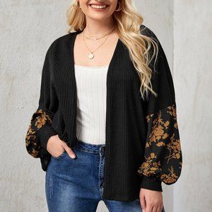 Shein Ribbed Floral Lantern Sleeve Cardigan Black